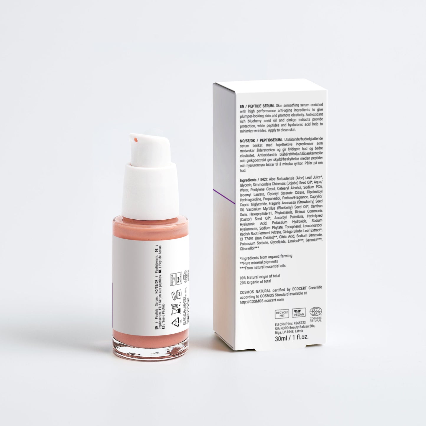 Sirela Skincare bottle with pink cap and white label next to its packaging on a light gray background