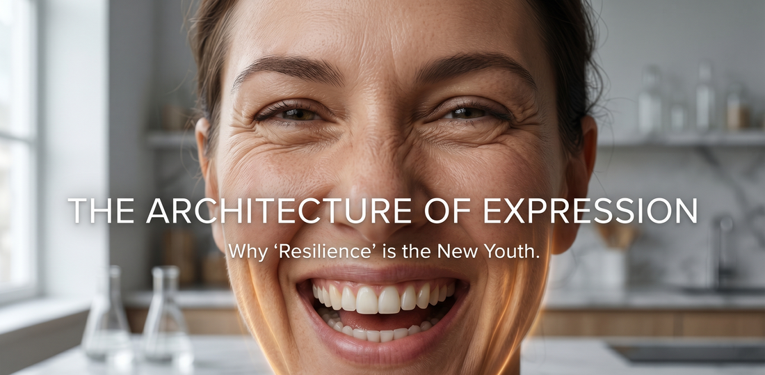 A laughing woman with resilient, glowing skin, representing the Sirela Protocol for structural restoration and Dermal-Epidermal Junction (DEJ) health.