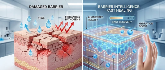 Infographic comparing a damaged skin barrier with TEWL to a healthy skin barrier repaired with ceramides and biomimetic lipids.
