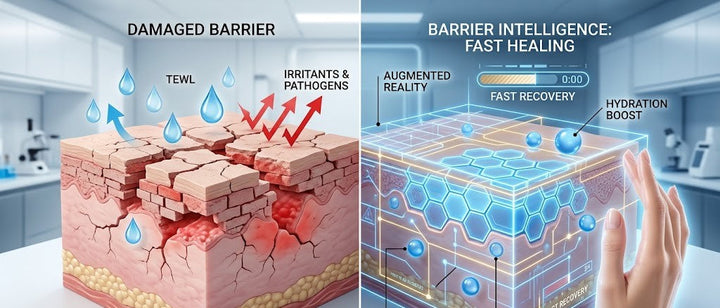 Infographic comparing a damaged skin barrier with TEWL to a healthy skin barrier repaired with ceramides and biomimetic lipids.