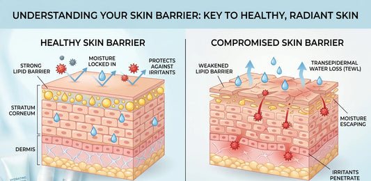An educational skincare diagram comparing a healthy skin barrier that locks in moisture against a compromised skin barrier experiencing transepidermal water loss and irritation.