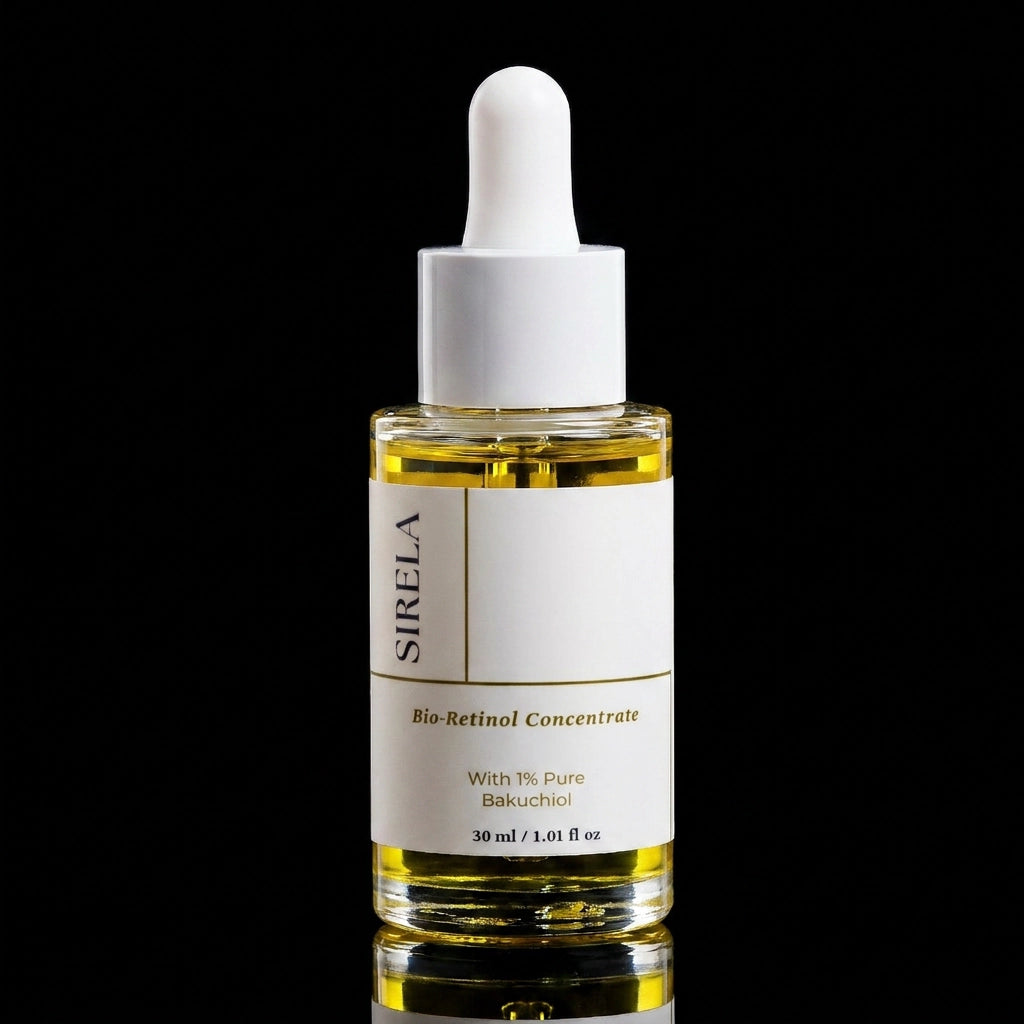 SIRELA Bio-Retinol Concentrate dropper bottle on a black background