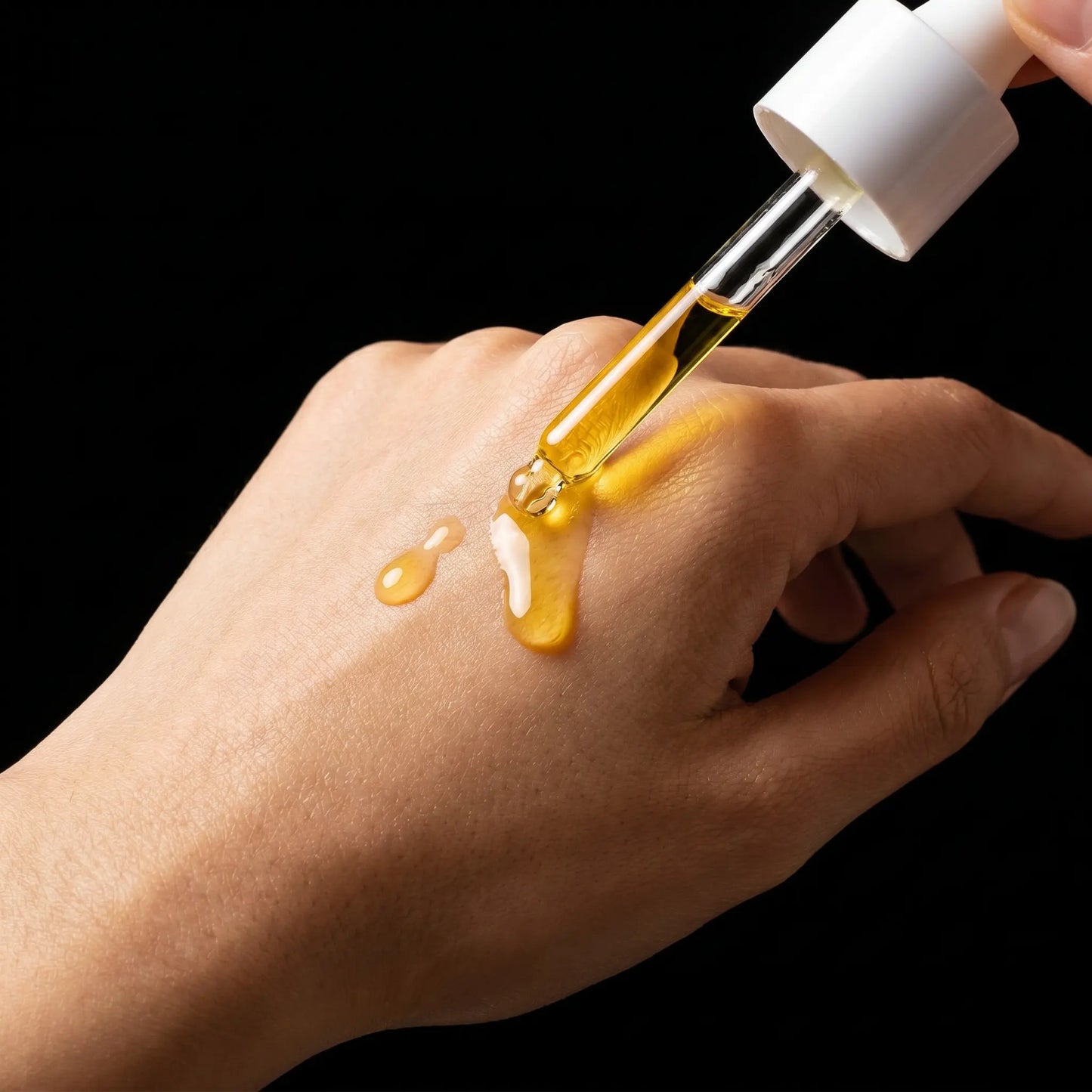 Hand applying Sirela Bio-Retinol Concentrate from a dropper onto skin against a black background