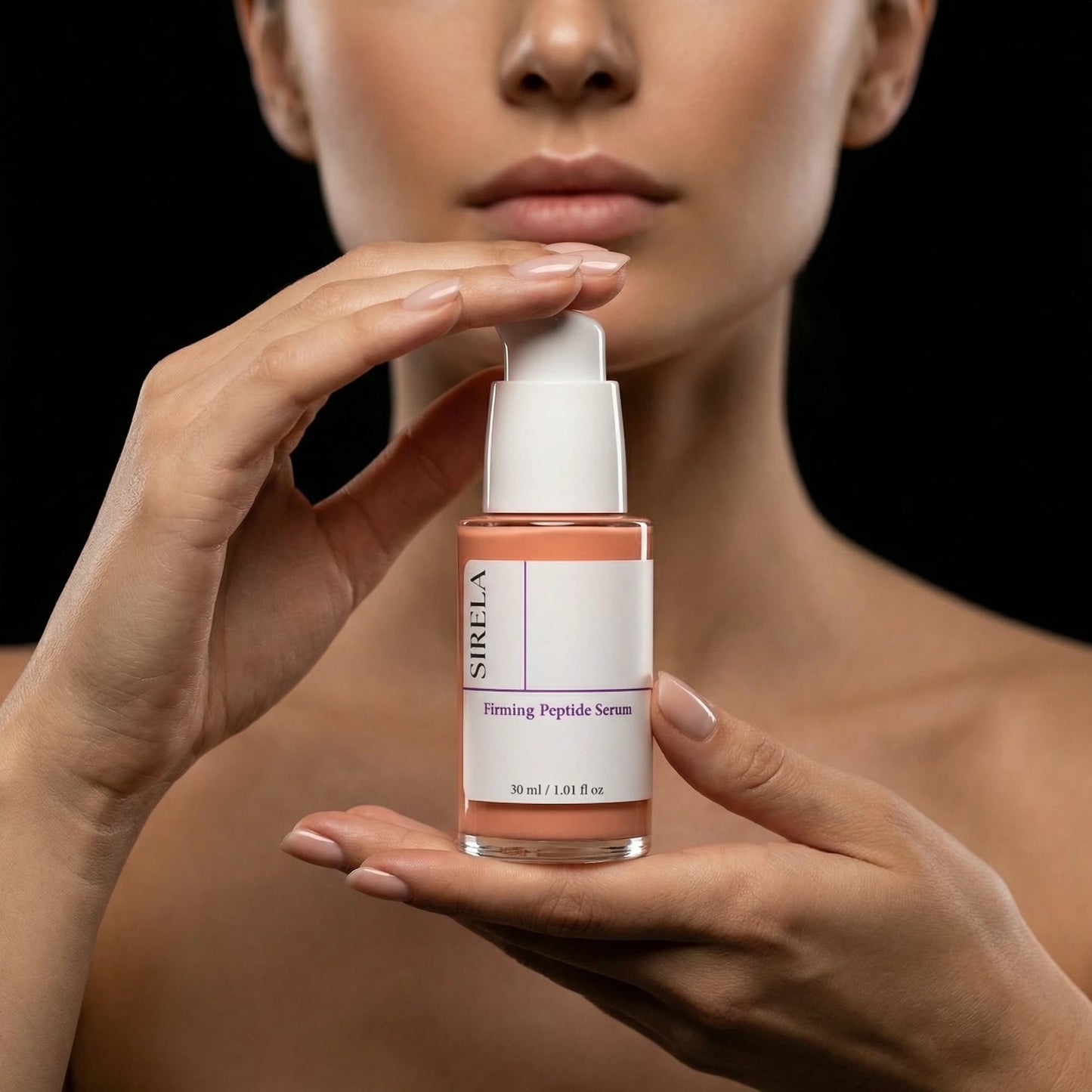Person holding a bottle of SIRELA Firming Peptide Serum against a black background