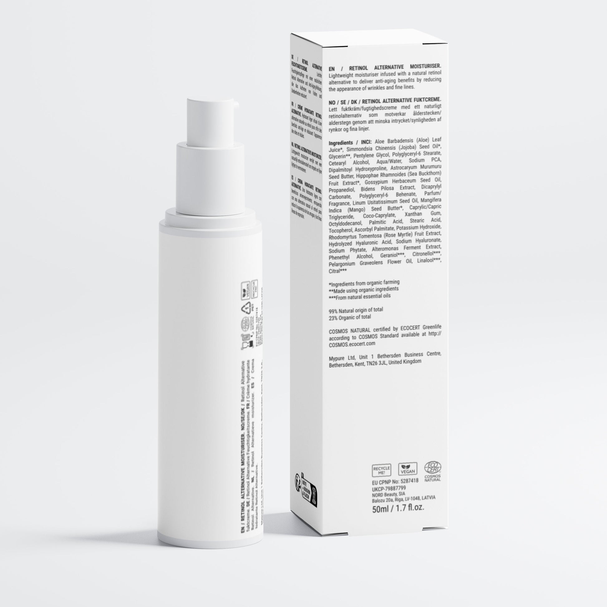 White skincare bottle and box on a light gray background