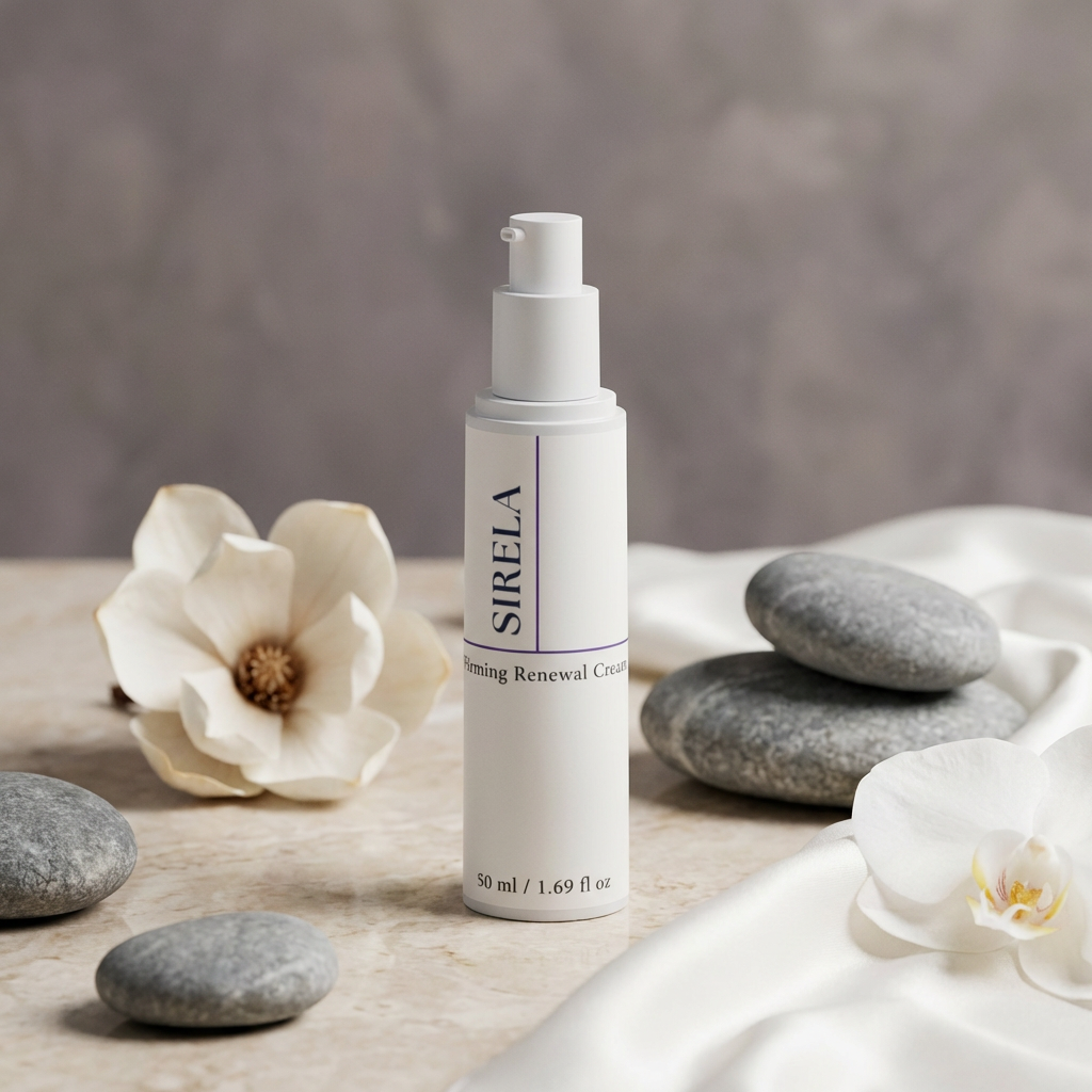 Sirela skincare bottle with flowers and stones on a neutral background