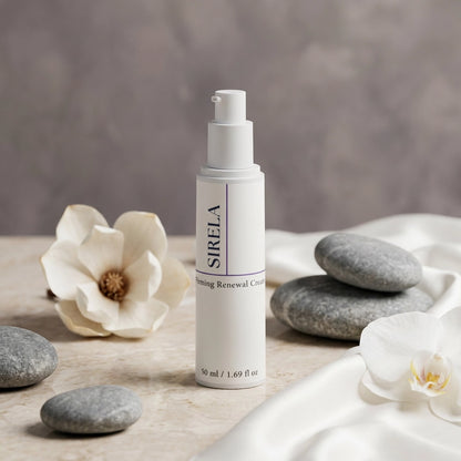 Sirela skincare bottle with stones and flowers on a neutral background