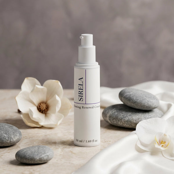 Sirela skincare bottle with stones and flowers on a neutral background
