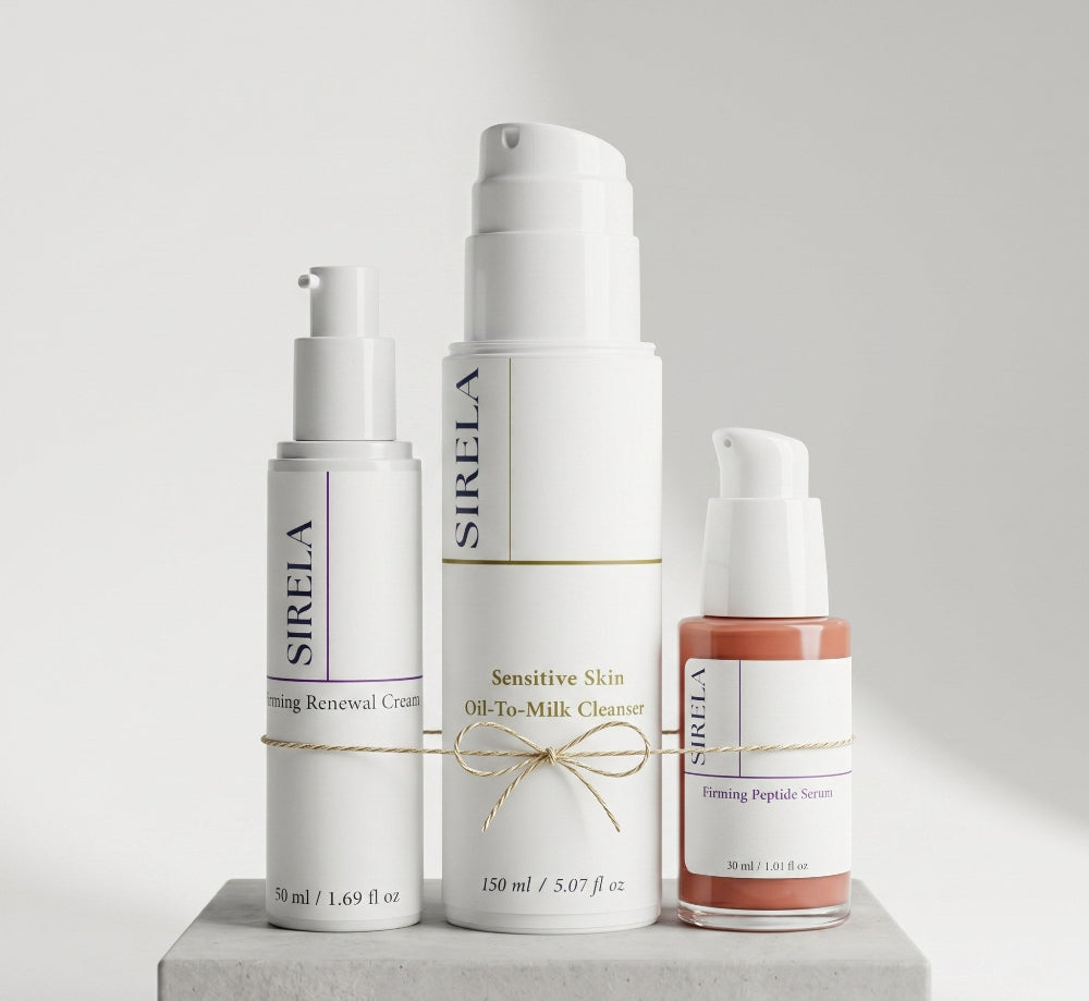 Three skincare bottles from the brand SIRELA on a light gray background