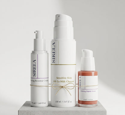 Three skincare bottles from the brand SIRELA on a light gray background