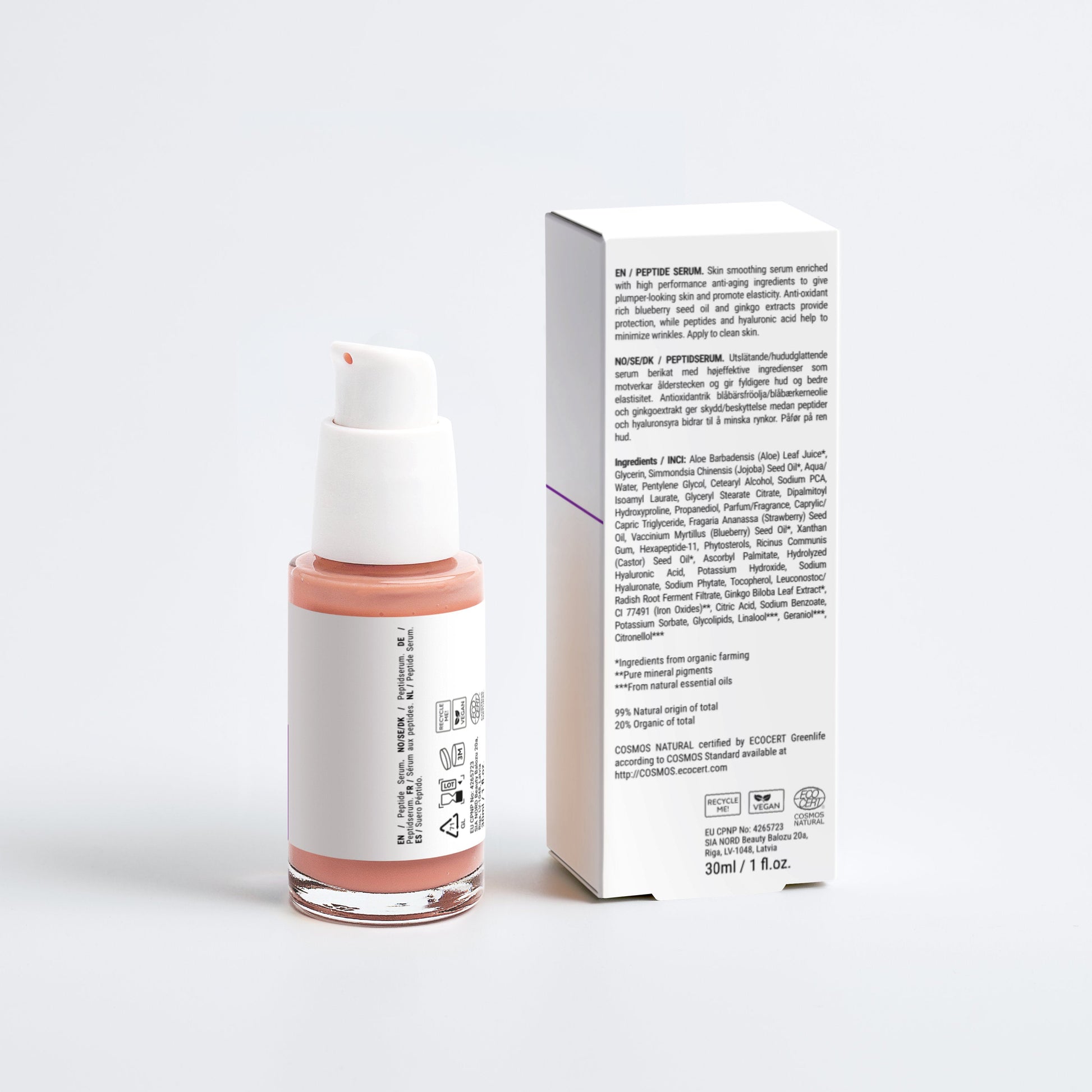 Sirela Skincare bottle with pink cap and white label next to its packaging on a light gray background