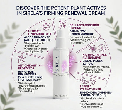 Sirela Firming Renewal Cream ingredient infographic showing key actives including aloe leaf juice, dipalmitoyl hydroxyproline peptide, Bidens pilosa extract, sea buckthorn extract, and jojoba oil surrounding the product bottle
